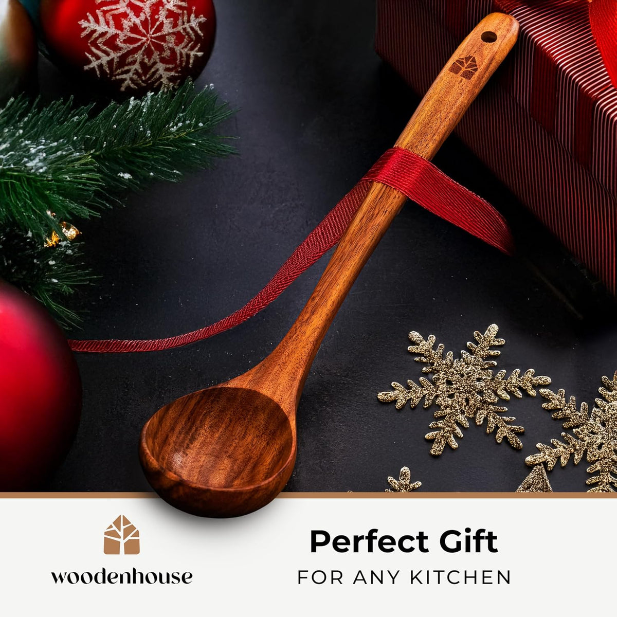 Wooden Ladle for Cooking, 12.4" Teak Soup Spoon, Medium 2 oz Serving Scoop