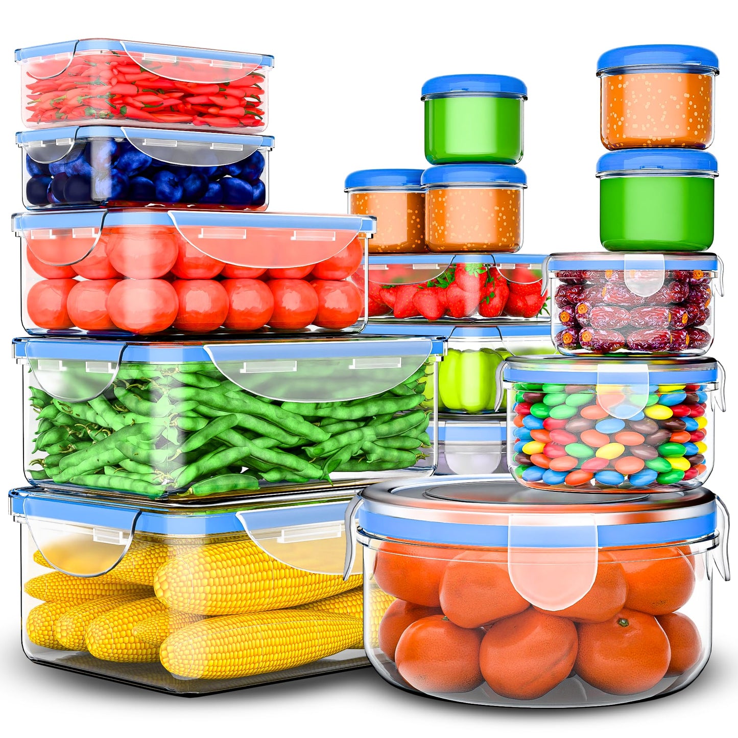 RockBerry 50 Pcs Large Food Storage Containers with Lids Airtight-85 OZ to small Containers-Total 526OZ Stackable Kitchen Set -BPA Free Leak proof containers- Freezer Microwave safe