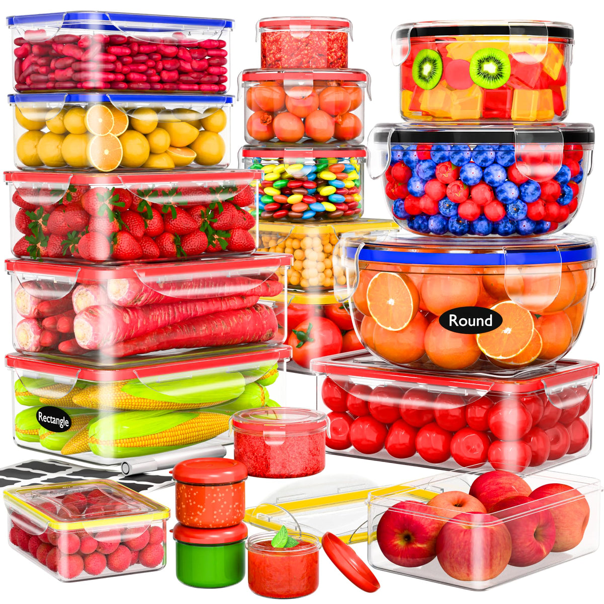 RockBerry 50 Pcs Large Food Storage Containers with Lids Airtight-85 OZ to small Containers-Total 526OZ Stackable Kitchen Set -BPA Free Leak proof containers- Freezer Microwave safe