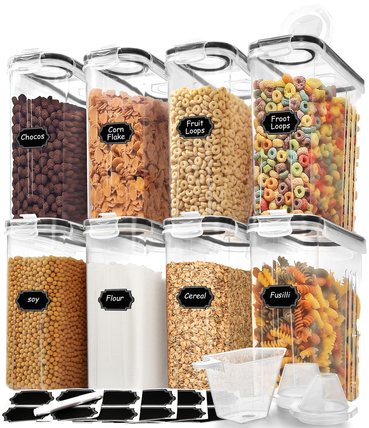 Skroam 4PCS Cereal Containers Storage [4L/135.2 oz], Airtight Food Storage Containers with Pour Spout for Kitchen & Pantry Organization Storage, Plastic Cereal Dispensers, Measuring Cup & 20 Labels