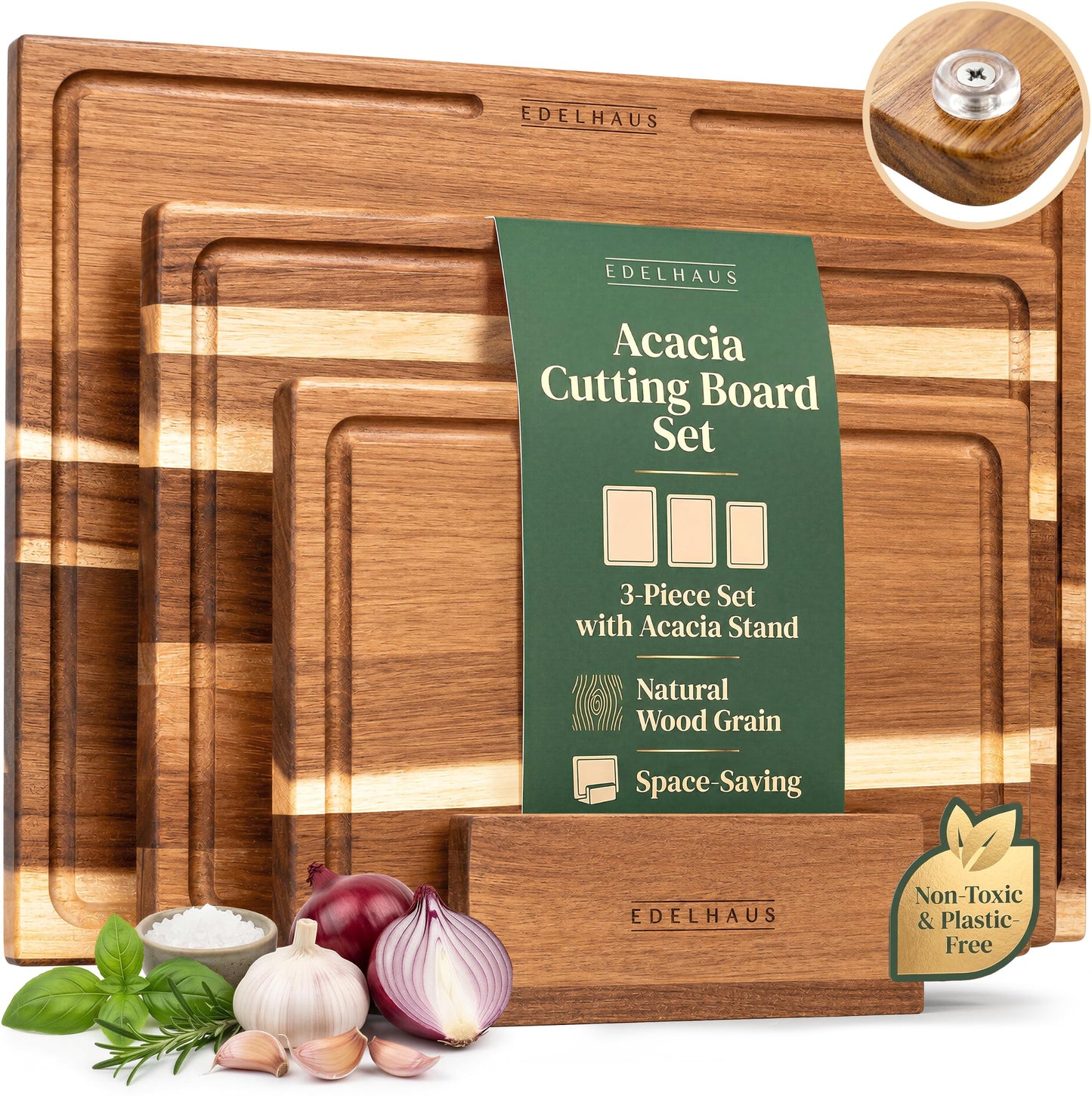 EDELHAUS Acacia Wood Cutting Boards for Kitchen Set of 3, Double sided