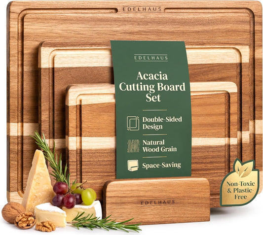 EDELHAUS Acacia Wood Cutting Boards for Kitchen Set of 3, Double sided