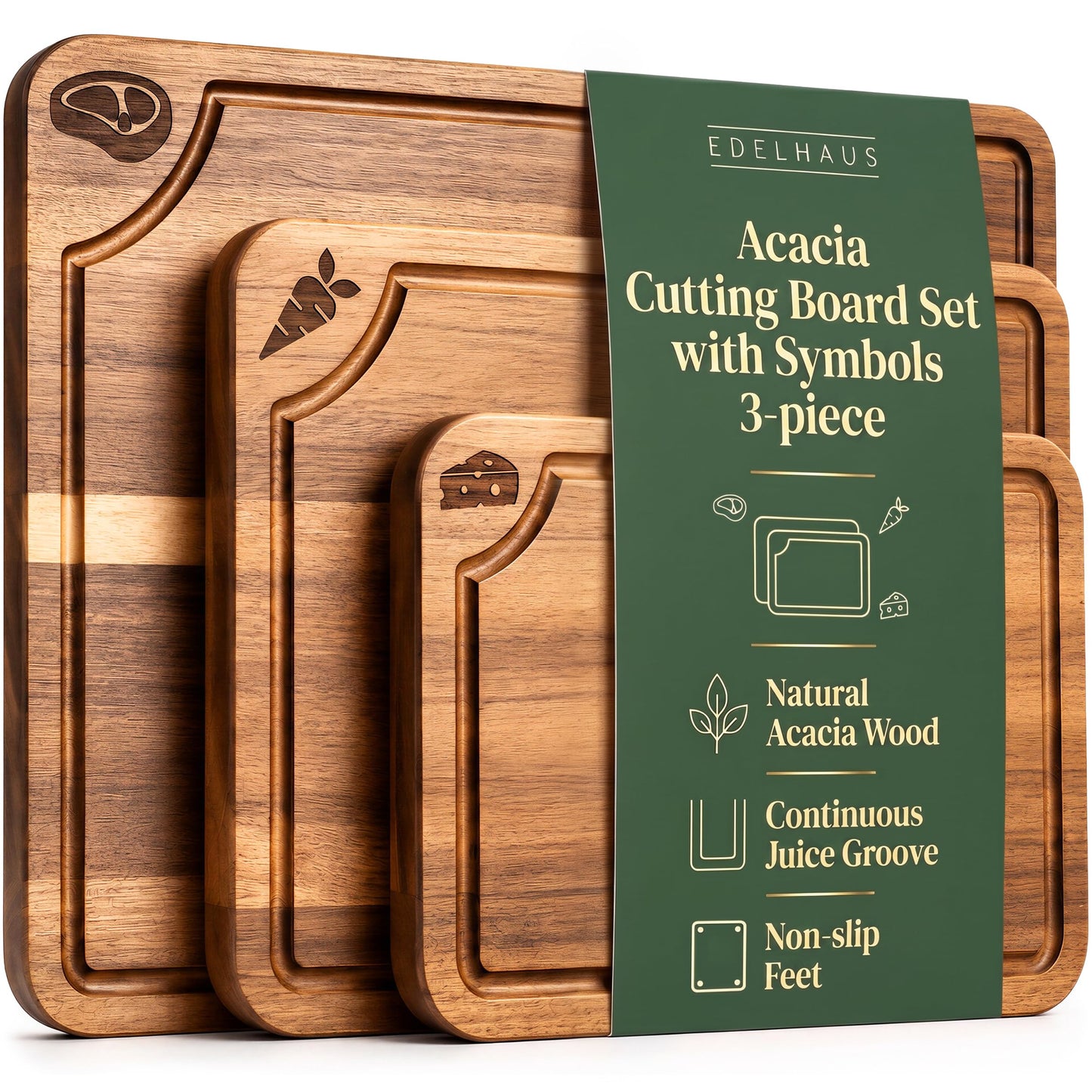 EDELHAUS Acacia Wood Cutting Boards for Kitchen Set of 3, Double sided